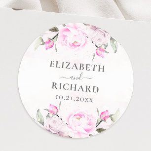 Rosa Watercolor Blommigt Peony Elegant bröllop Runt Klistermärke