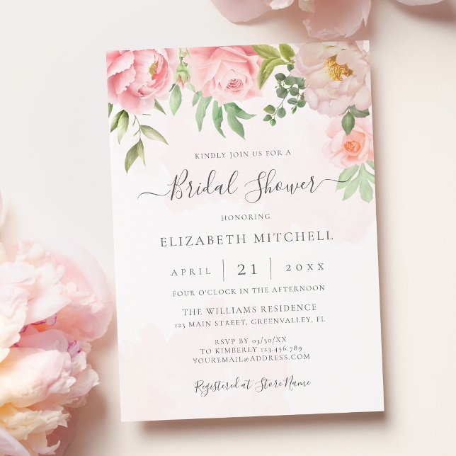  Rosa Watercolor Blommigt Peony Möhippa Inbjudningar (Skapare uppladdad)