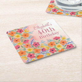 Rosa Watercolor Blommigt Personlig Birthday Underlägg Papper Kvadrat