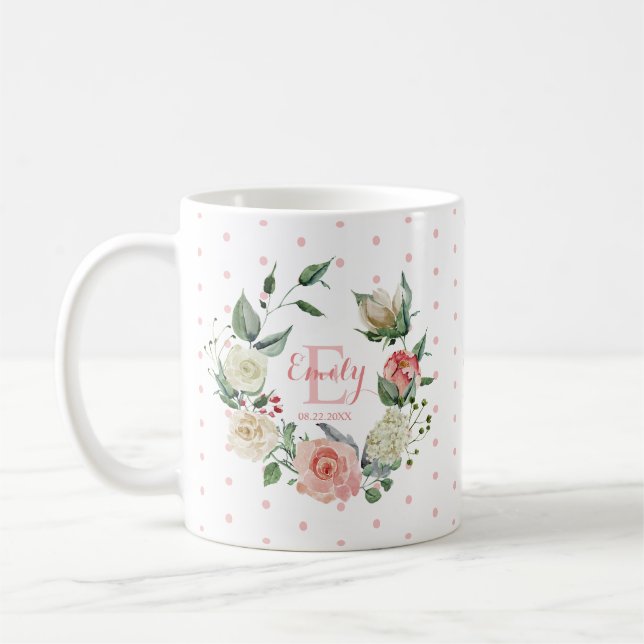 Rosa Watercolor Blommigt Polka dots Girl Kaffemugg (Vänster)