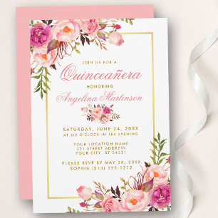 Rosa Watercolor Blommigt Quinceanera Guld Inbjudningar