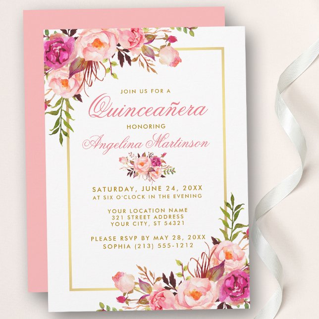 Rosa Watercolor Blommigt Quinceanera Guld Inbjudningar (Customize to change text color, style, add text & photos to back or change color of back of card.)
