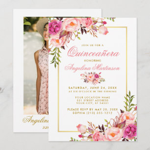 Rosa Watercolor Blommigt Quinceanera Photo Guld Inbjudningar