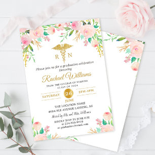 Rosa Watercolor Blommigt RN Nurse Studentfest Inbjudningar