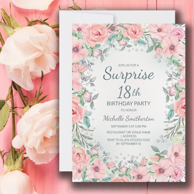 Rosa Watercolor Blommigt Ro Pearls 18:e födelsedag (Blush pink floral surprise 18th birthday party invitation personalized with your text.)