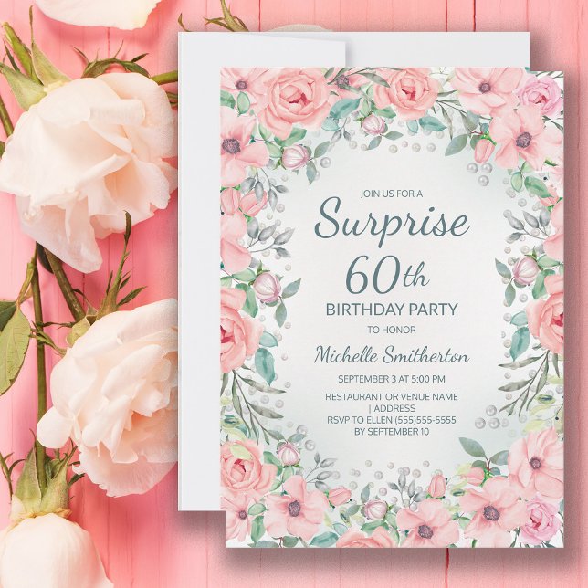 Rosa Watercolor Blommigt Ro Pearls 60:e födelsedag (Blush pink floral surprise 60th birthday party invitation customized with your text.)