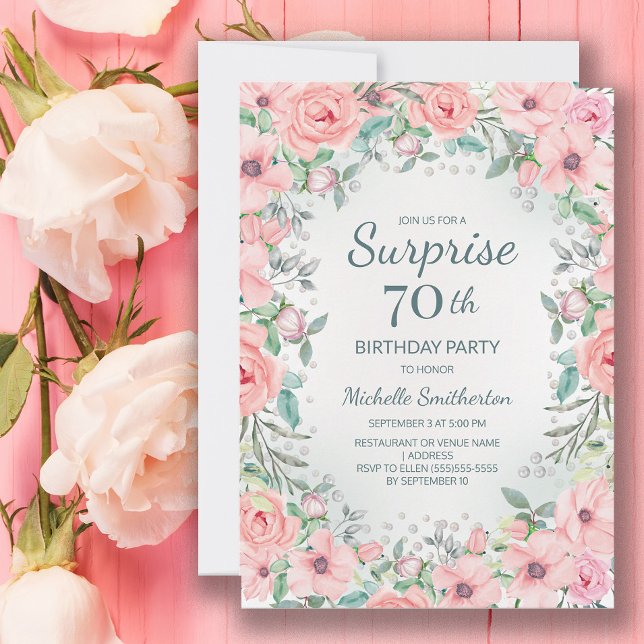 Rosa Watercolor Blommigt Ro Pearls 70 Birthday (Blush pink floral surprise 70th birthday party invitation customized with your text.)