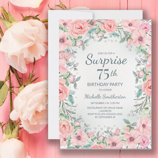 Rosa Watercolor Blommigt Ro Pearls 75:e Birthday (Blush pink floral surprise 75th birthday party invitation customized with your text.)