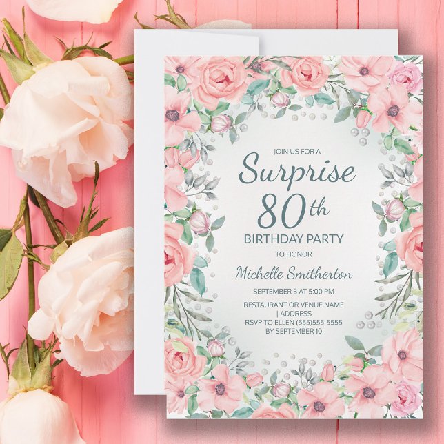 Rosa Watercolor Blommigt Ro Pearls 80:e födelsedag (Blush pink floral surprise 80th birthday party invitation customized with your text.)