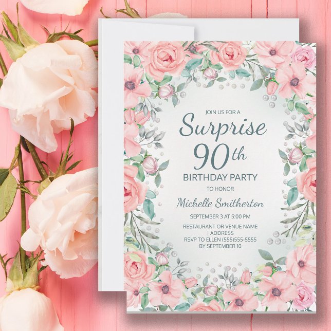 Rosa Watercolor Blommigt Ro Pearls 90:e Birthday (Pink floral surprise 90th birthday party invitation customized with your text.)