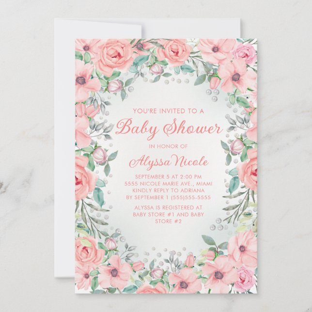 Rosa Watercolor Blommigt Ro Pearls Baby Shower (Framsida)