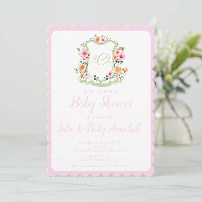 Rosa Watercolor Blommigt Vapensköld Baby Shower In Inbjudningar (Stående Fram)