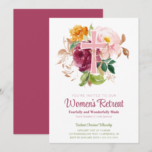 Rosa Watercolor Blommigt Women's Church Retreat Inbjudningar (Fram/baksida)