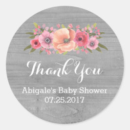 Rosa Watercolor Blommigt Wood Baby Shower Favor Fa Runt Klistermärke