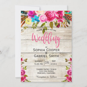 Rosa Watercolor Blommigt Wood Typography Bröllop Inbjudningar