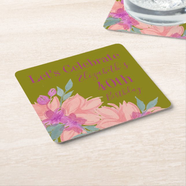 Rosa Watercolor Blommigts Personlig Napkins Underlägg Papper Kvadrat (Vinklad)