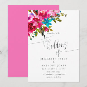 Rosa Watercolor Boho Chic Blommigt Bröllopsinbjuda Inbjudningar