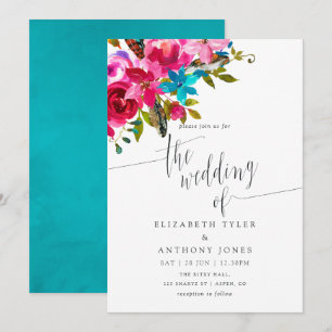Rosa Watercolor Boho Chic Blommigt Bröllopsinbjuda Inbjudningar
