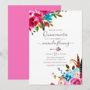 Rosa Watercolor Boho Chic Blommigt Quinceañera Inbjudningar