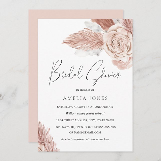  Rosa Watercolor Boho Flowers Möhippa Inbjudningar (Fram/baksida)