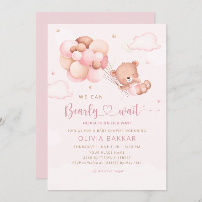 Rosa Watercolor Boho Nalle Girl Baby Shower Inbjudningar (Fram/baksida)