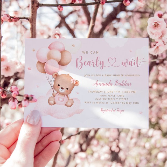 Rosa Watercolor Boho Nalle Girl Baby Shower Inbjudningar (Skapare uppladdad)