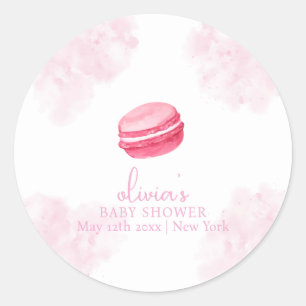 Rosa Watercolor Bonjour Bébé Macaron Baby Shower Runt Klistermärke