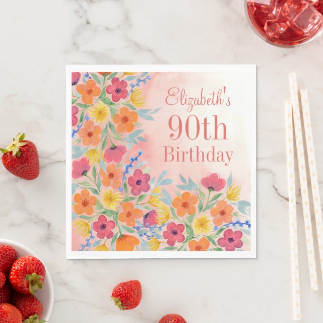 Rosa Watercolor Botanisk Personlig Birthday Pappersservett (Insitu)