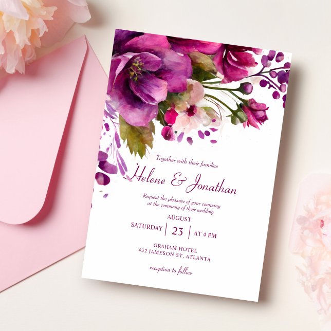Rosa Watercolor Botaniskt Modern Elegant bröllop Inbjudningar (Pink Watercolor Botanical Modern Elegant Wedding Invitation)