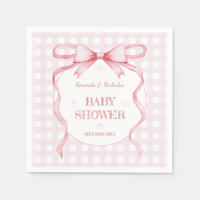  Rosa Watercolor Bow Gingham Flicka Shower Pappersservett (Framsidan)
