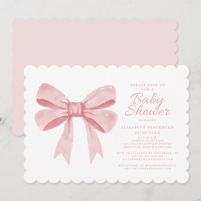 Rosa Watercolor Bow Girl Baby Elegant Shower  Inbjudningar (Fram/baksida)