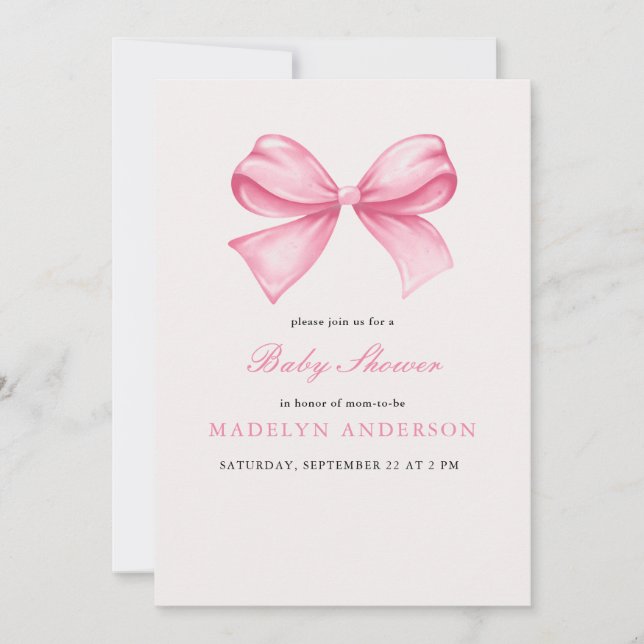 Rosa Watercolor Bow Girl Baby Shower-inbjudan Inbjudningar (Framsida)