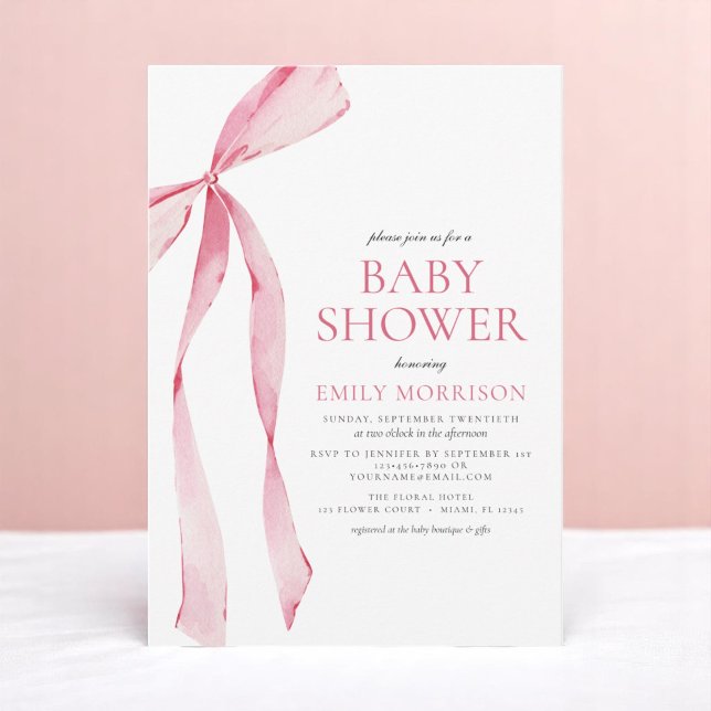  Rosa Watercolor Bow Girl Baby Shower Inbjudningar (Skapare uppladdad)
