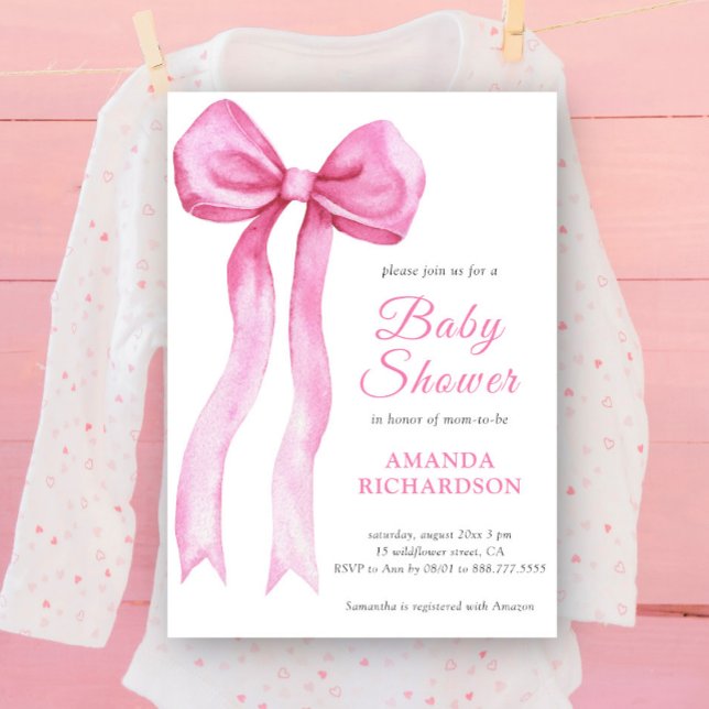 Rosa Watercolor Bow Girl Baby Shower Inbjudningar (Skapare uppladdad)