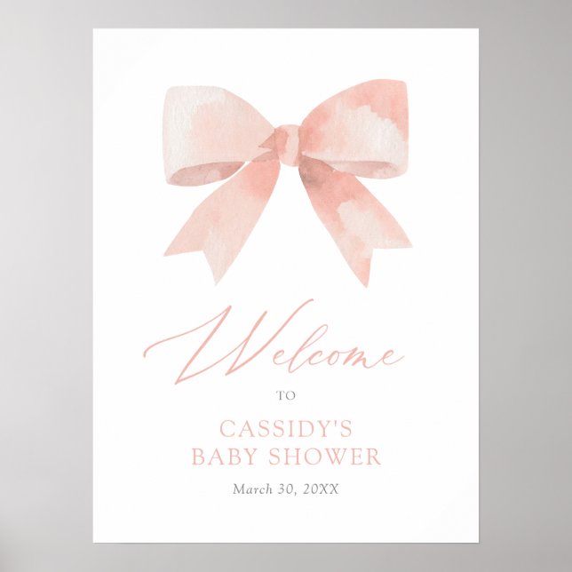 Rosa Watercolor Bow Girl Baby Shower Välkomstskylt Poster (Framsidan)