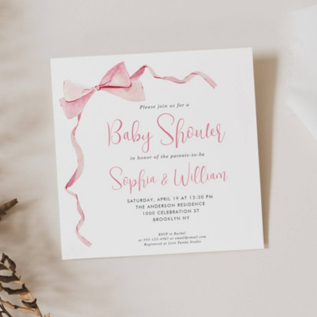  Rosa Watercolor Bow Ribbon Girl Baby Shower Inbjudningar (Skapare uppladdad)