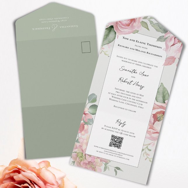  Rosa Watercolor Bröllop (Elegant pink floral all in one wedding invitations. )