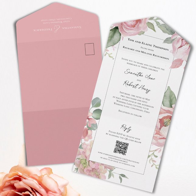  Rosa Watercolor Bröllop (Blush pink floral all in one wedding invitations. )