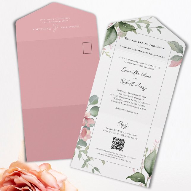  Rosa Watercolor Bröllop Blommigt (Elegant blush pink floral and greenery all in one wedding invitations. )