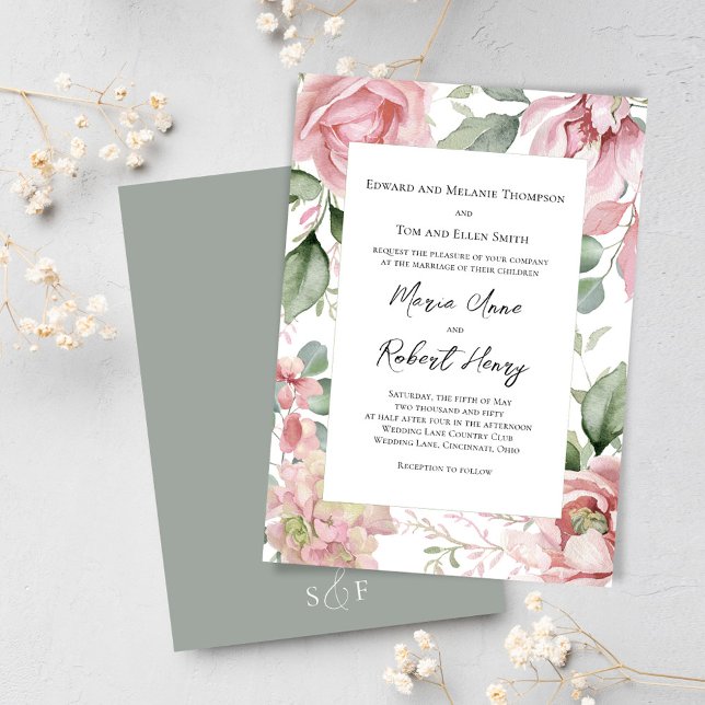  Rosa Watercolor Bröllop Blommigt Inbjudningar (Blush pink floral greenery wedding invitations. )