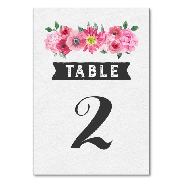 Rosa Watercolor Bröllop Bordsnummer Cards (Framsidan)