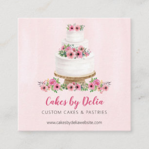 Rosa Watercolor Bröllop Cake Fyrkantigt Visitkort