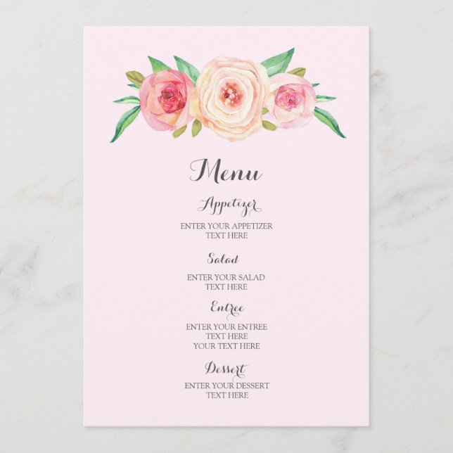  Rosa Watercolor Bröllop Menu Meny (Framsida)