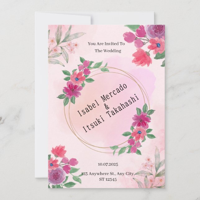 Rosa Watercolor bröllopsinbjudan Inbjudningar (Framsida)