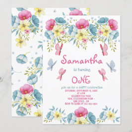 Rosa Watercolor Butterflies Blommigts Birday Inbjudningar