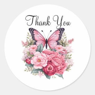 Rosa Watercolor Butterfly and Flowers Tack Runt Klistermärke