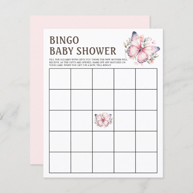 Rosa Watercolor Butterfly Baby Shower Bingo Game (Fram/baksida)