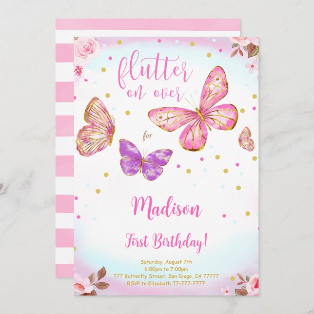 Rosa Watercolor Butterfly Birthday-inbjudan Inbjudningar (Fram/baksida)