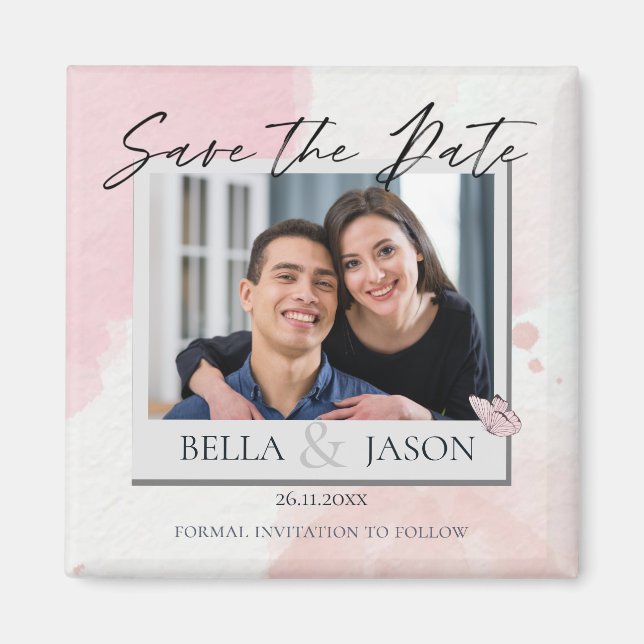 Rosa Watercolor Butterfly Bröllop spara datum Magnet (Framsidan)