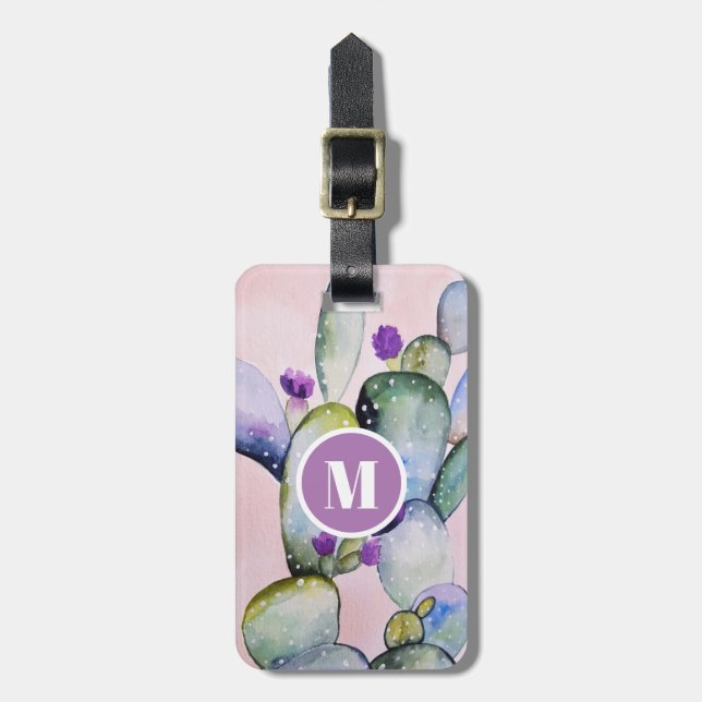 Rosa Watercolor Cactus & Flowers | Monogram Bagagebricka (Vertikal Framsida)